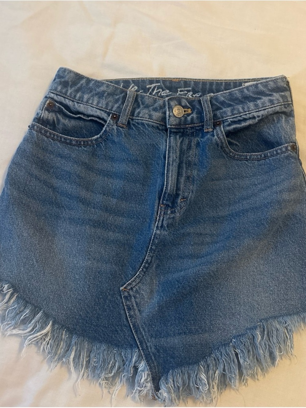 We The Free Blue Asymmetrical Frayed Denim Mini Skirt